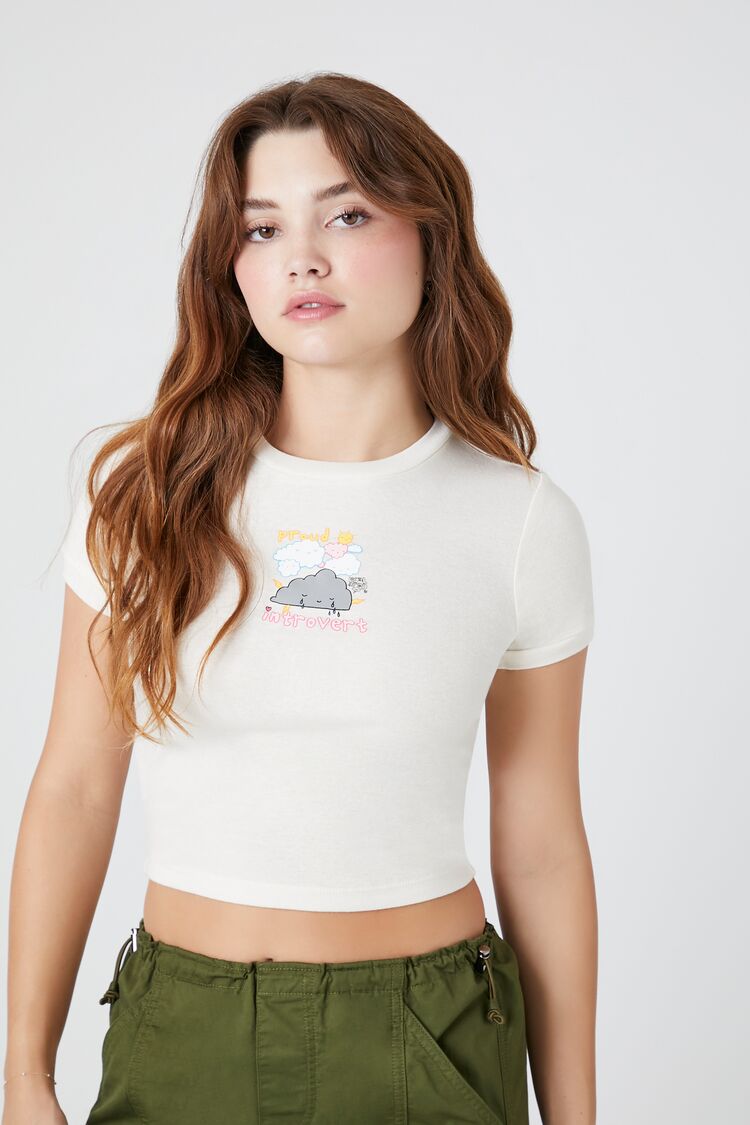 Forever 21 Women's Proud Introvert Graphic Cropped T-Shirt Cream/Multi