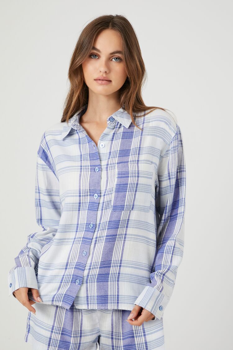 Forever 21 Women's Plaid Flannel Pajama Shirt Blue/Multi