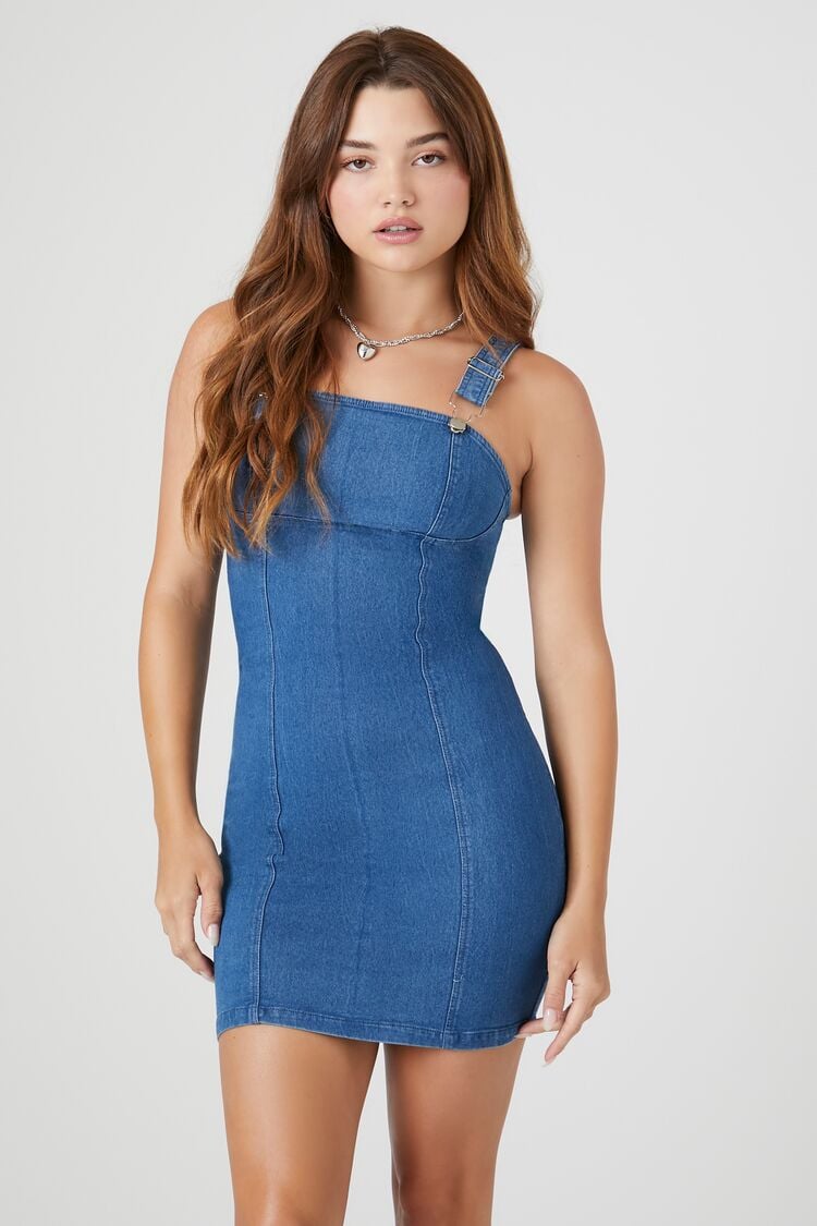 Forever 21 Women's Denim Square-Neck Bodycon Dress Medium Denim