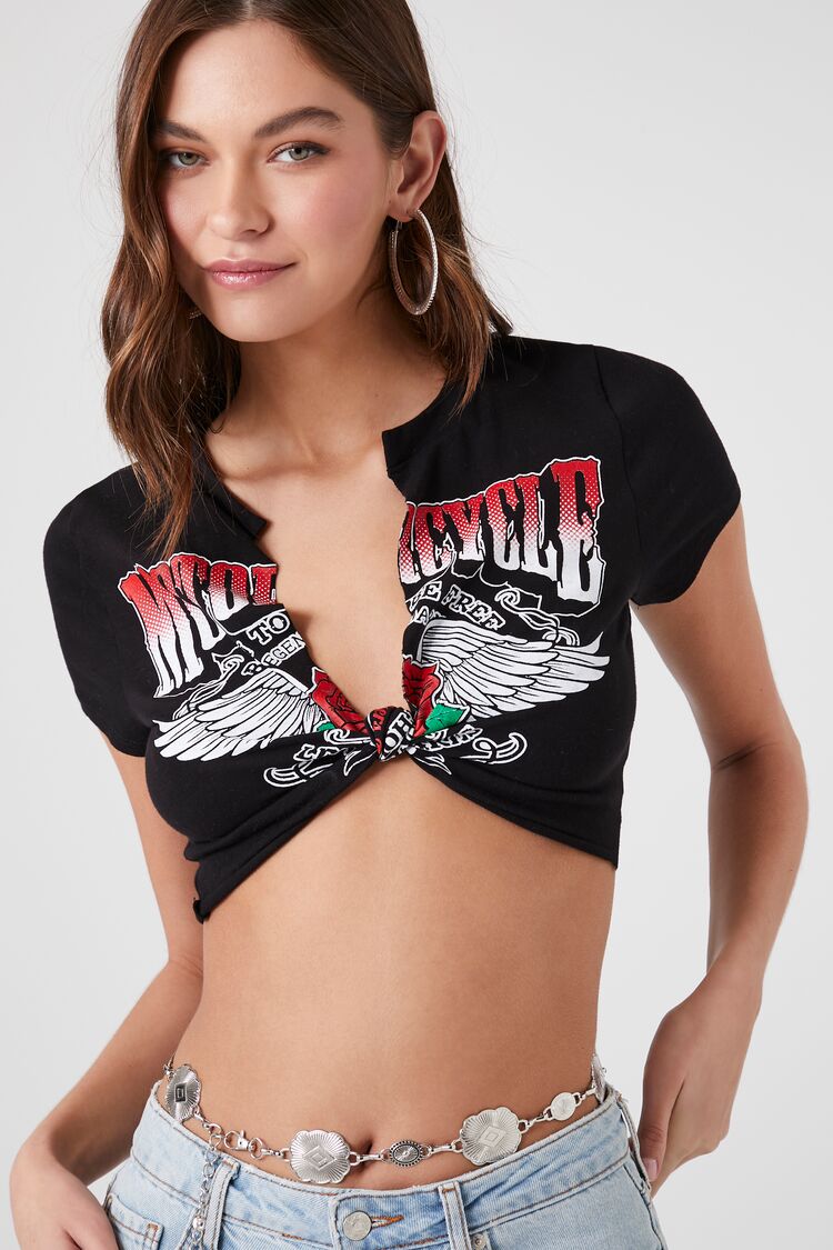 Forever 21 Women's Motorcycle Graphic Twisted Crop Top Black/Multi