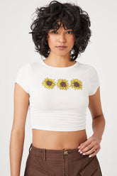 Forever 21 Women's Sunflower Graphic Cropped T-Shirt White/Multi