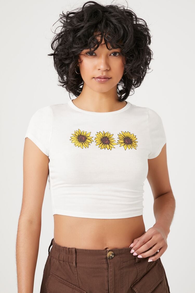 Forever 21 Women's Sunflower Graphic Cropped T-Shirt White/Multi