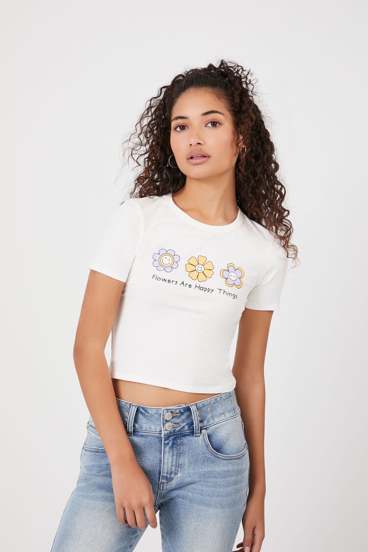 Forever 21 Women's Flowers Graphic Cropped T-Shirt White/Multi