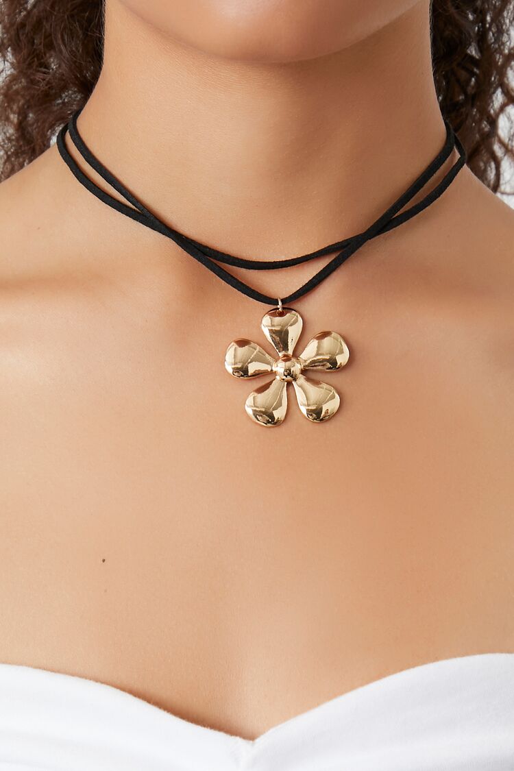 Forever 21 Women's Flower Pendant Necklace Black/Gold