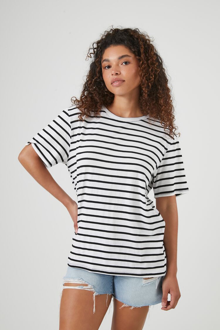 Forever 21 Women's Striped Crew T-Shirt White/Black