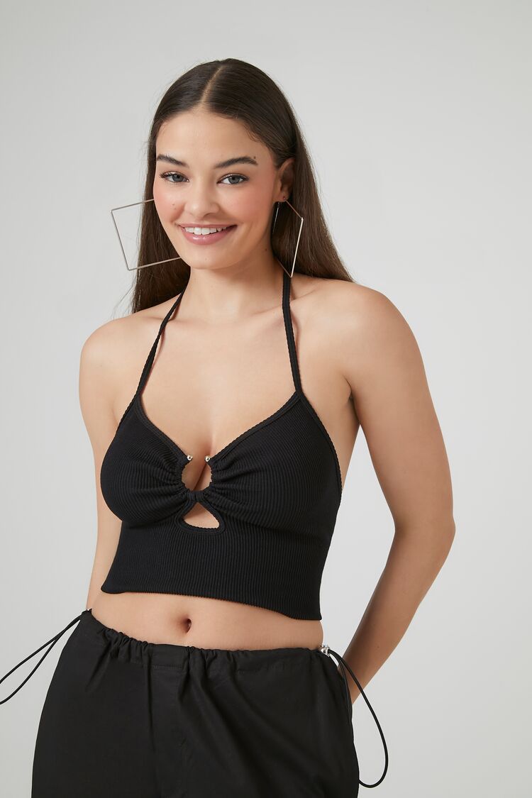 Forever 21 Women's Rib-Knit Cutout Halter Cami Black