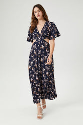 Forever 21 Women's Floral Print Cutout Maxi Long Spring/Summer Dress Navy/Multi