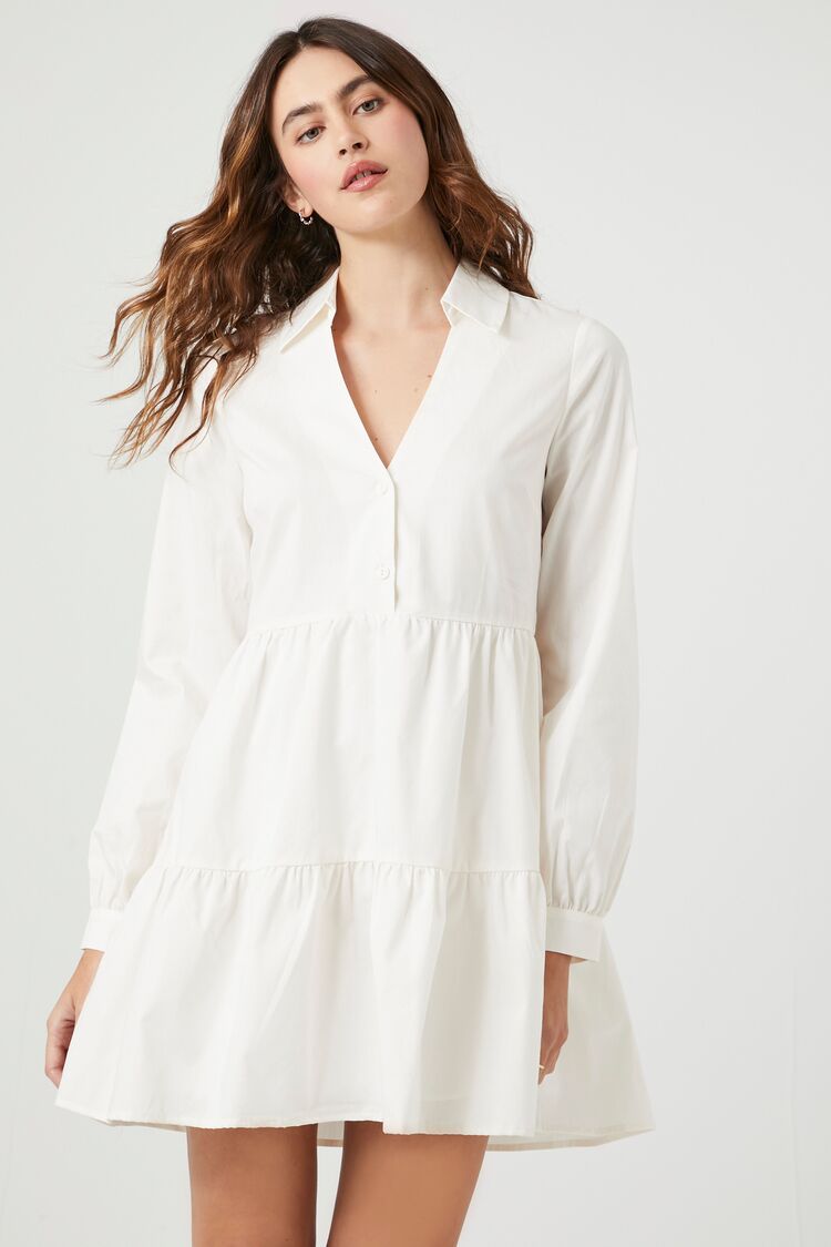 Forever 21 Women's Poplin Tiered Mini Shirt Dress White