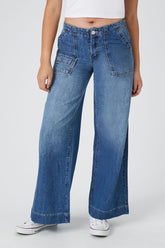 Forever 21 Women's Low-Rise Wide-Leg Jeans Medium Denim