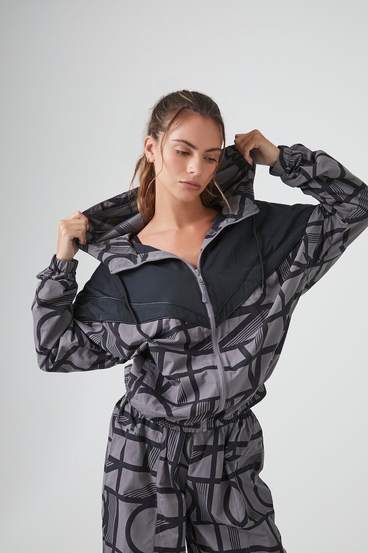 Forever 21 Women's Active Geo Print Windbreaker Jacket Charcoal/Black