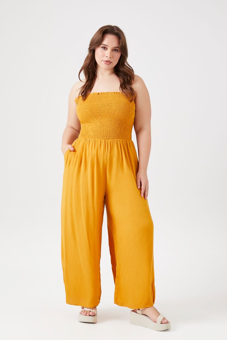 Forever 21 Plus Women's Smocked Wide-Leg Jumpsuit Mustard