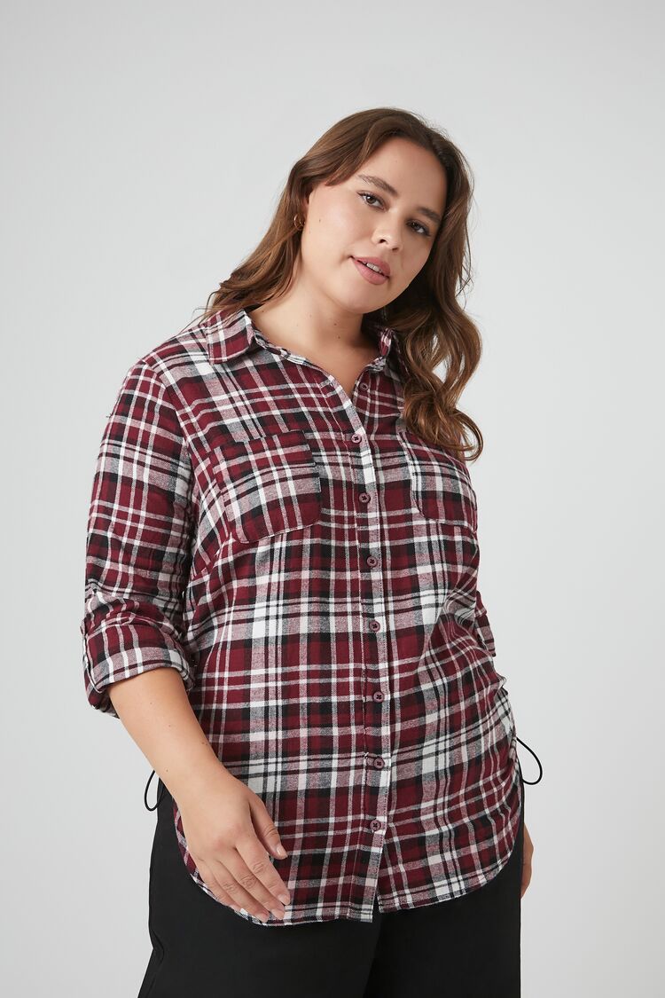 Forever 21 Plus Women's Plaid Flannel Shirt Burgundy/White