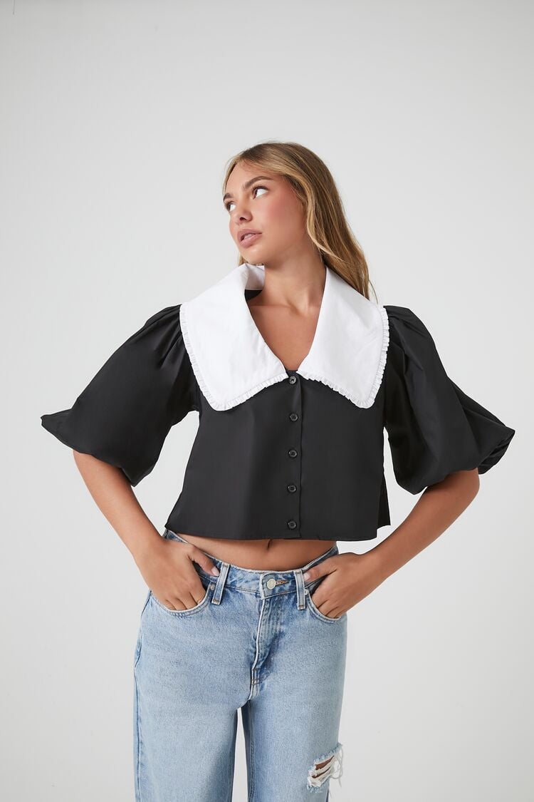 Forever 21 Women's Oversized Collar Cropped Shirt Black/White