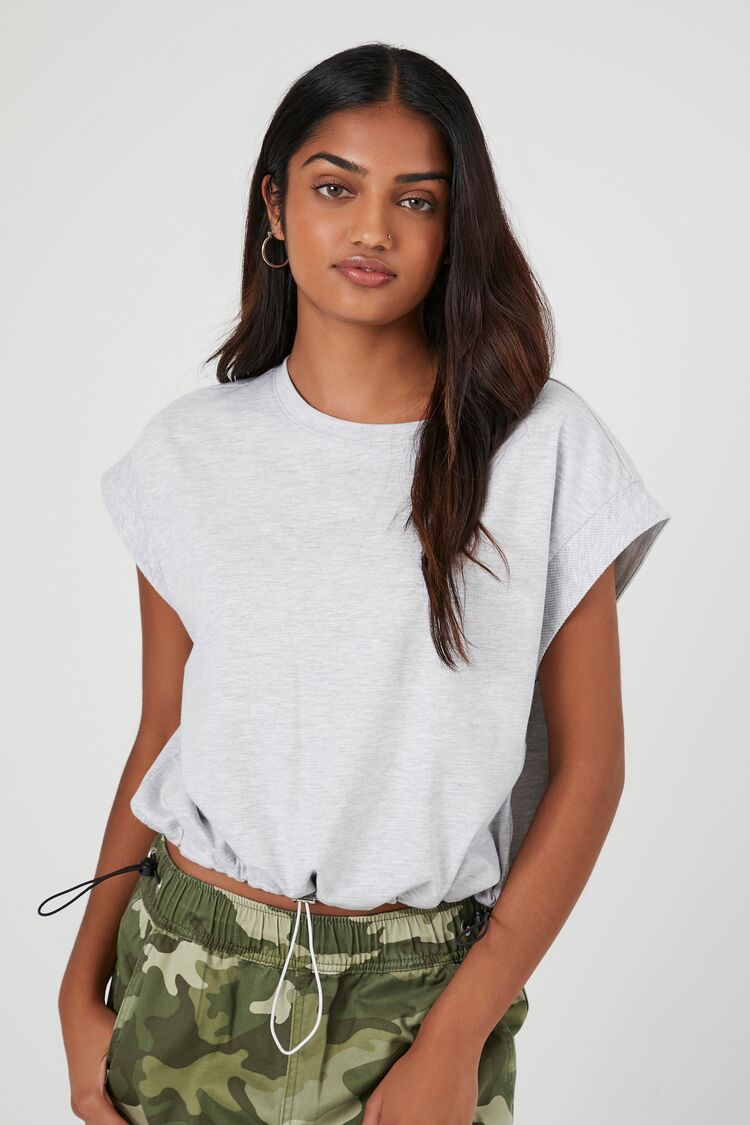 Forever 21 Women's Cropped Toggle Drawstring T-Shirt Heather Grey