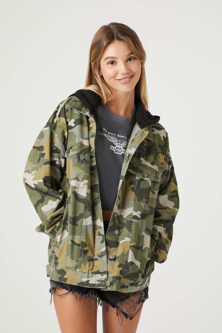 Forever 21 Women's Camo Print Hooded Combo Jacket Green/Multi