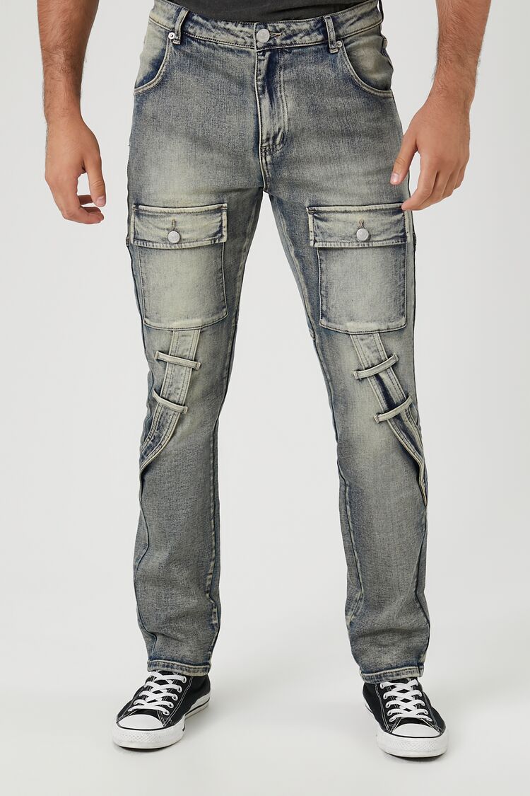Forever 21 Men's Stretch-Denim Slim-Fit Cargo Jeans Light Denim