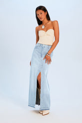 Forever 21 Women's Denim Maxi Slit Skirt Light Denim