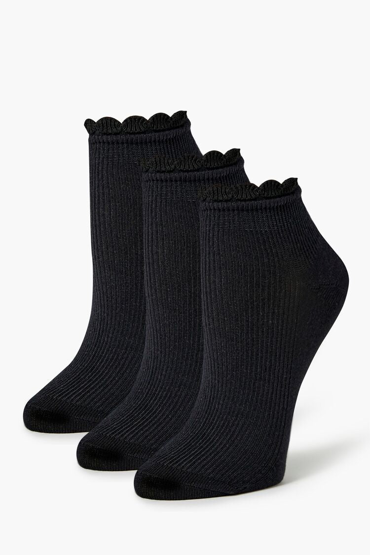 Forever 21 Women's Scalloped Rib-Knit Ankle Socks Black/Black