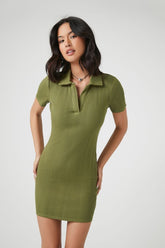 Forever 21 Women's Rib-Knit Collared Mini Spring/Summer Dress Olive