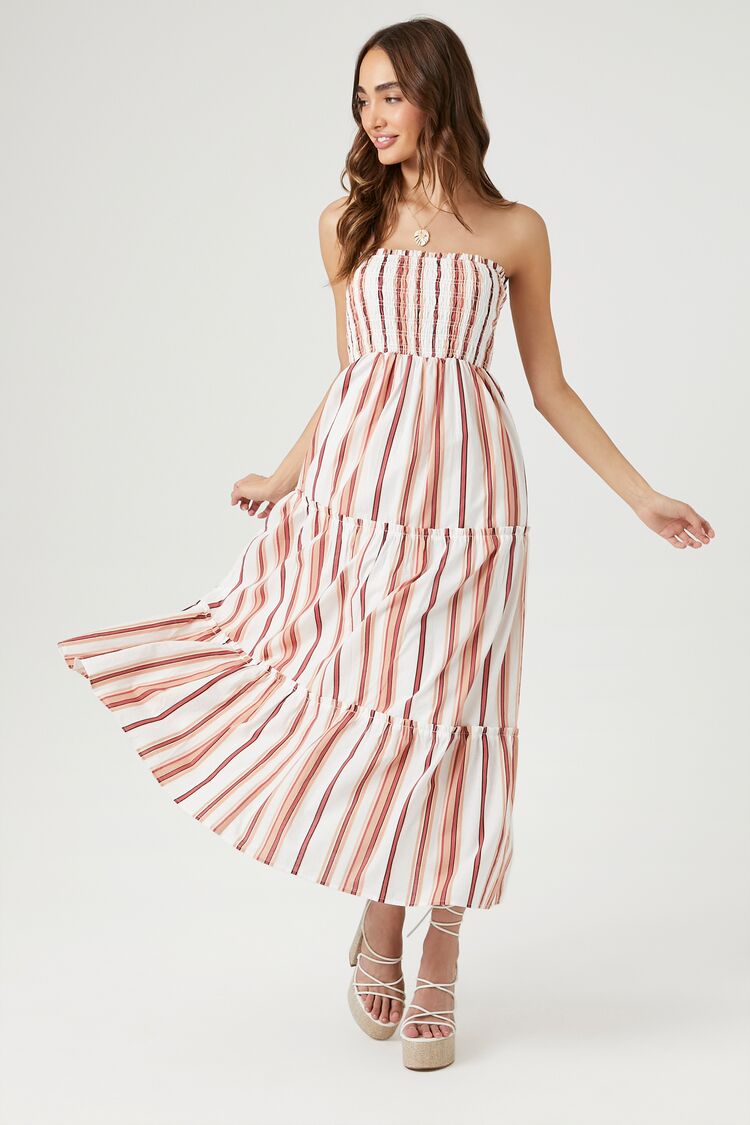 Forever 21 Women's Strapless Striped Midi Dress Ivory/Multi