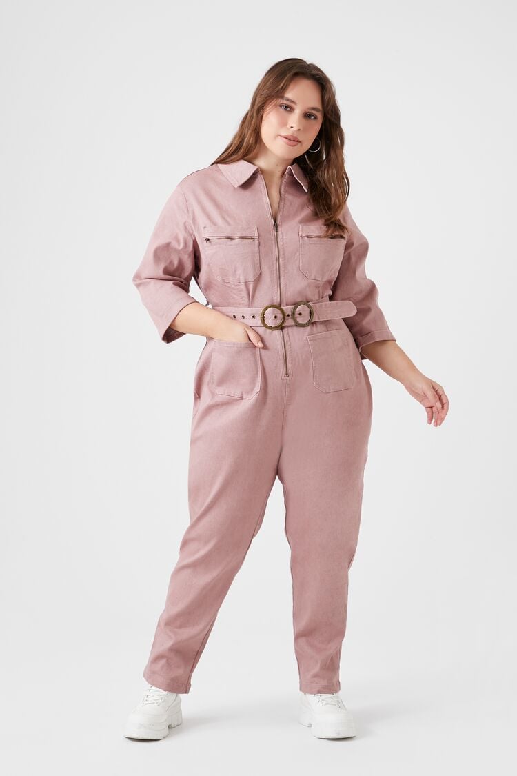 Forever 21 Plus Women's Twill Belted Jumpsuit Mauve