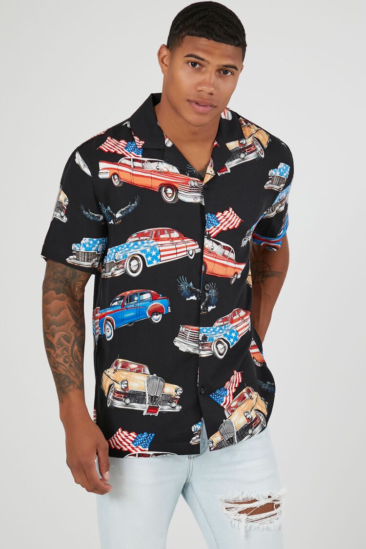 Forever 21 Men's Rayon American Car Print Shirt Black/Multi