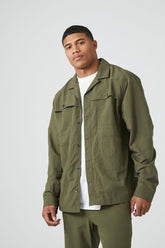 Forever 21 Men's Nylon Button-Up Pocket Shirt Olive