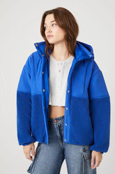 Forever 21 Women's Hooded Faux Shearling/Sherpa Bomber Jacket Royal Blue