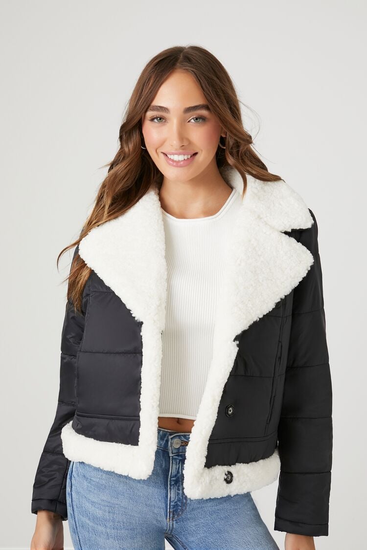 Forever 21 Women's Faux Shearling/Sherpa Quilted Bomber Jacket Black/Cream