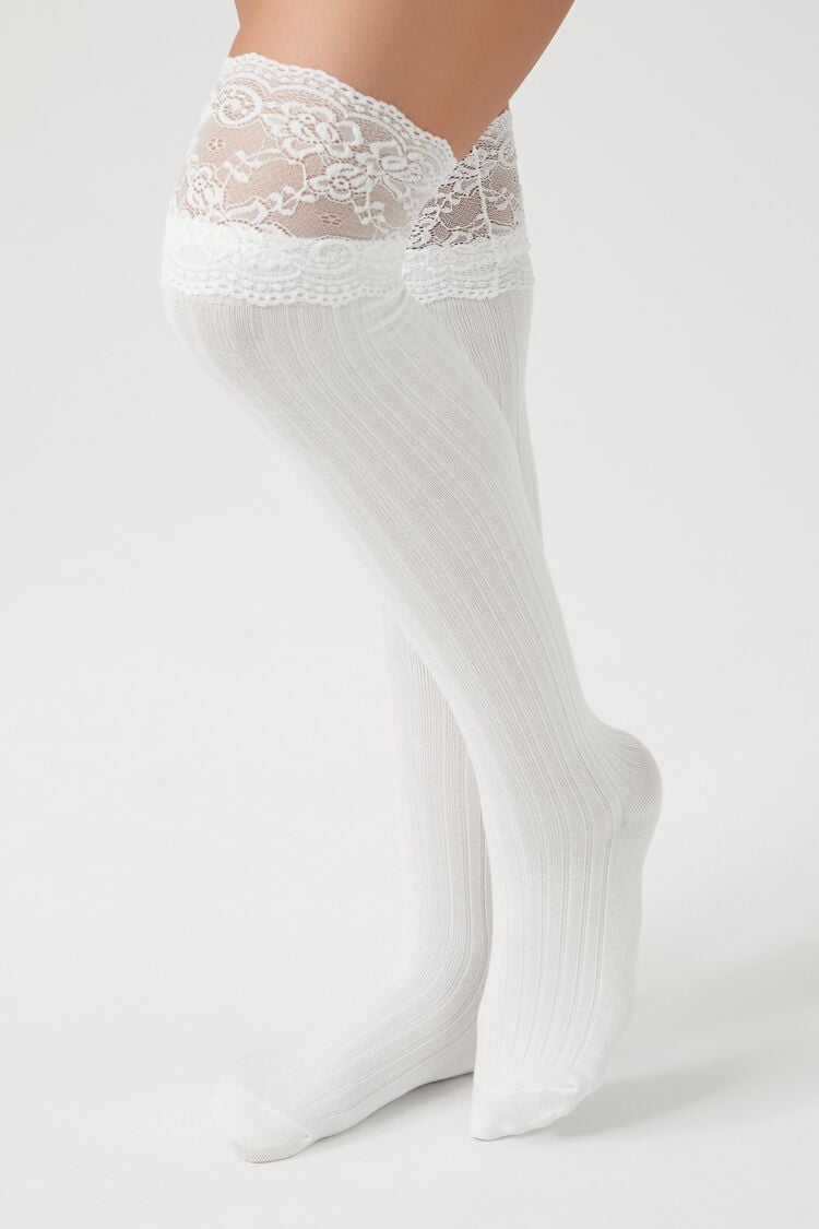 Forever 21 Women's Lace-Trim Over-the-Knee Socks White