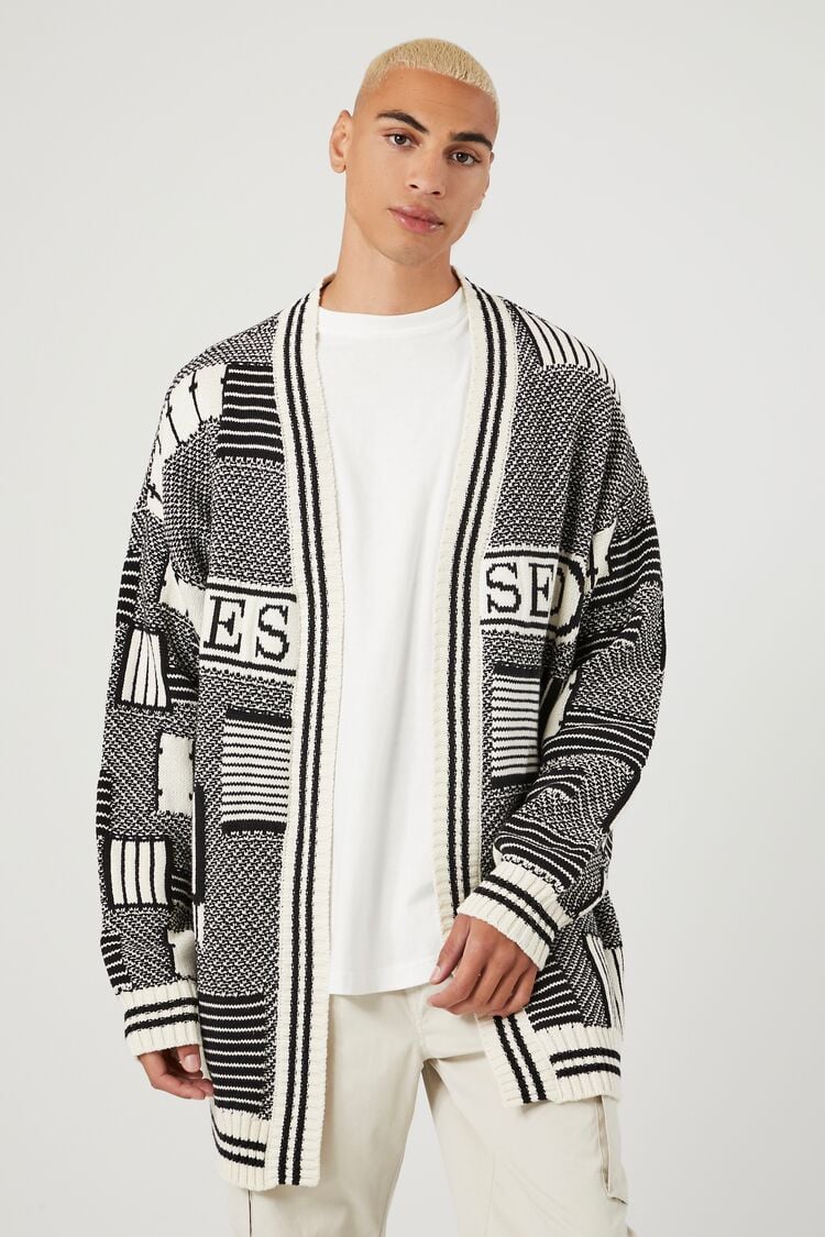 Forever 21 Knit Men's Abstract Print Cardigan Sweater Black/White