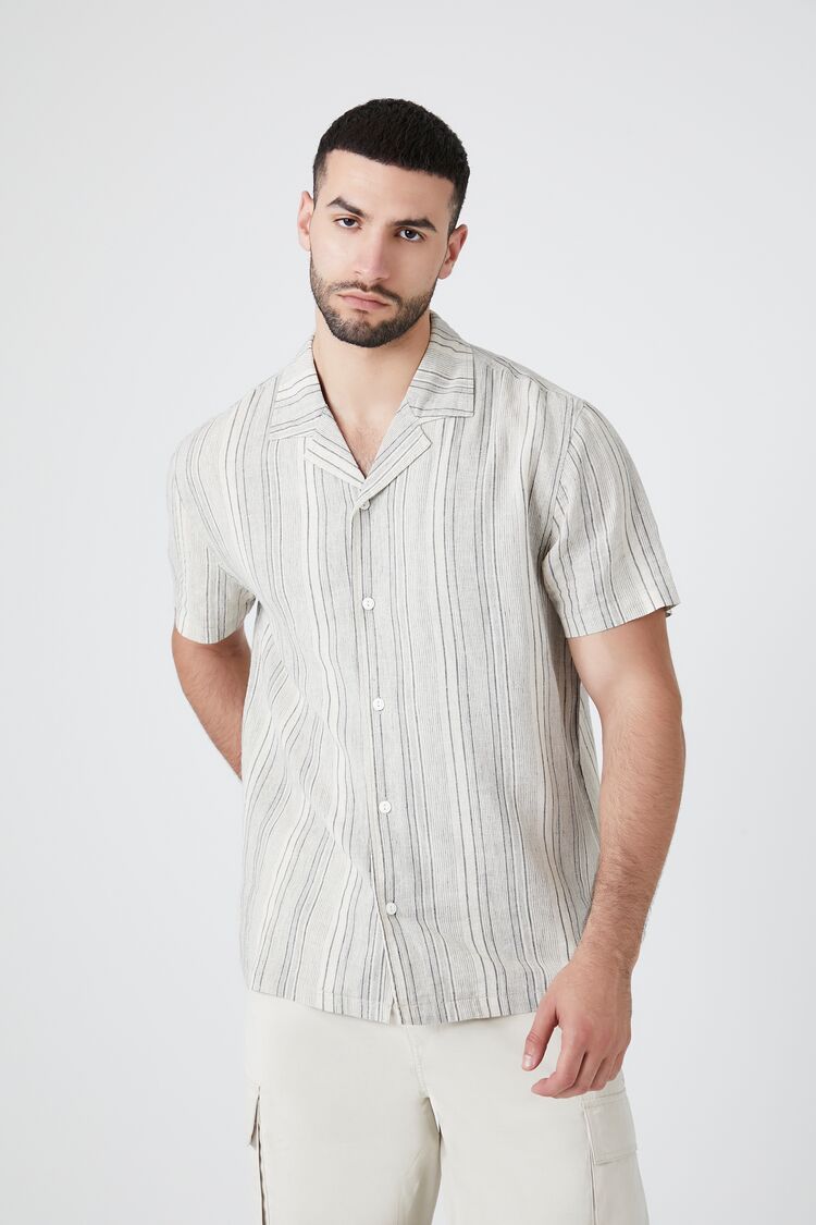 Forever 21 Men's Linen-Blend Striped Shirt Cream/Grey