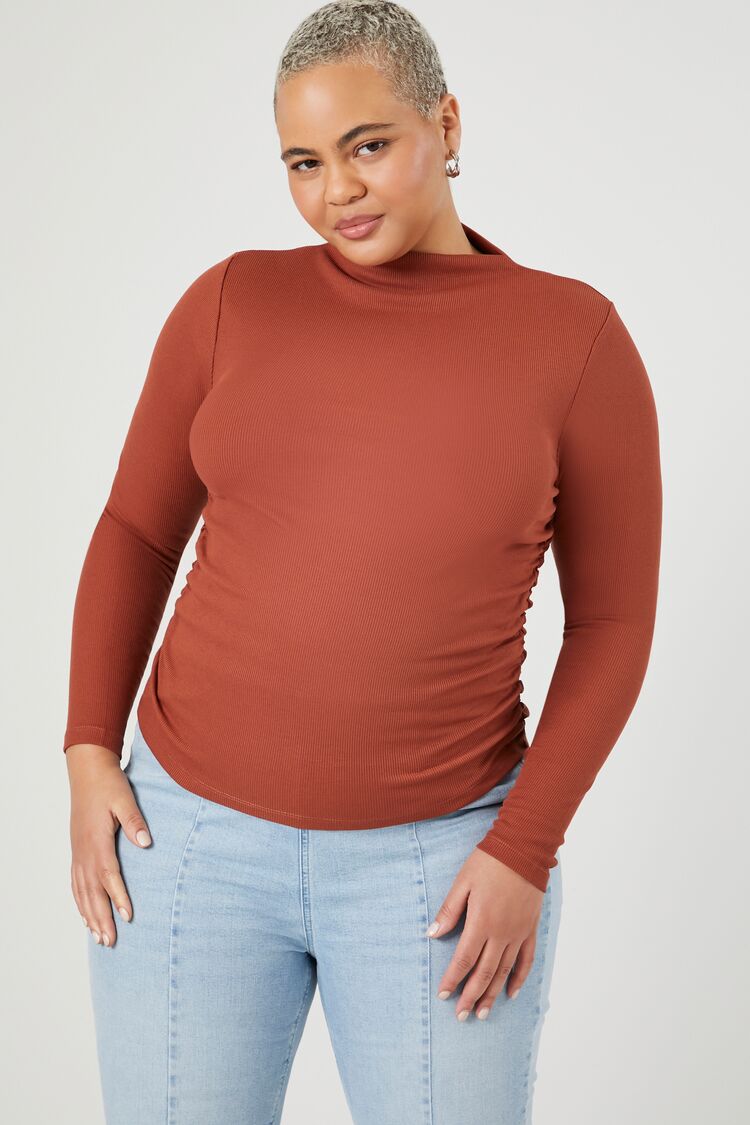 Forever 21 Plus Women's Ruched Rib-Knit Top Brown