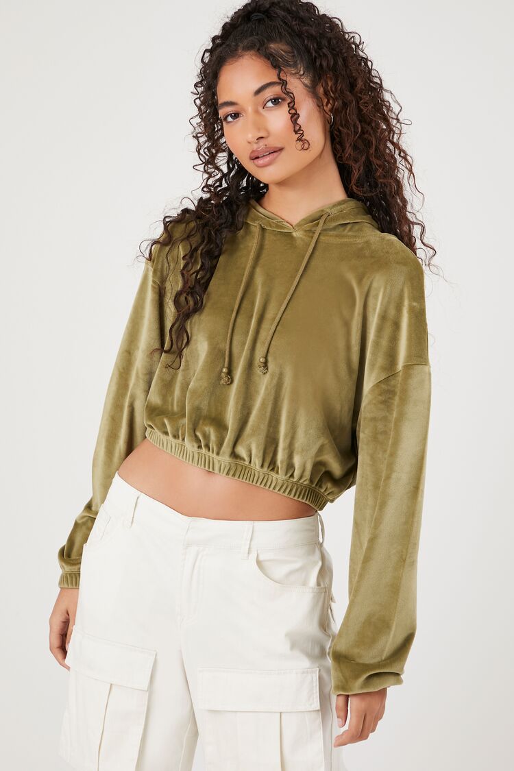 Forever 21 Women's Velour Cropped Hoodie Sweatshirt Olive