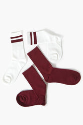 Forever 21 Women's Striped Crew Socks Set Burgundy/White