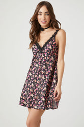 Forever 21 Women's Floral Print Satin Mini Dress Black/Multi