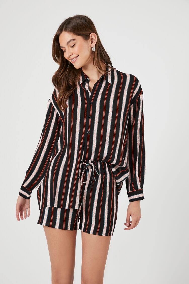 Forever 21 Women's Striped Long-Sleeve Shirt & Shorts Set Black/Multi