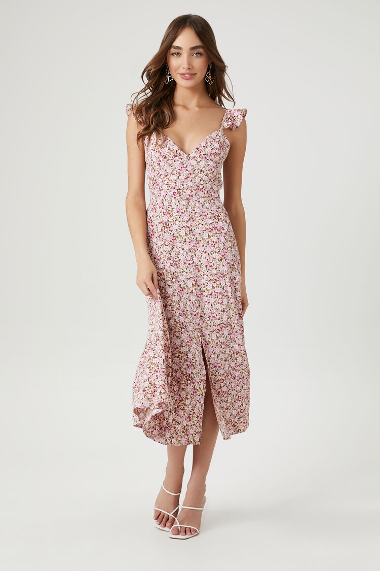 Forever 21 Women's Floral Ruffle-Strap Midi Dress Pink/Multi