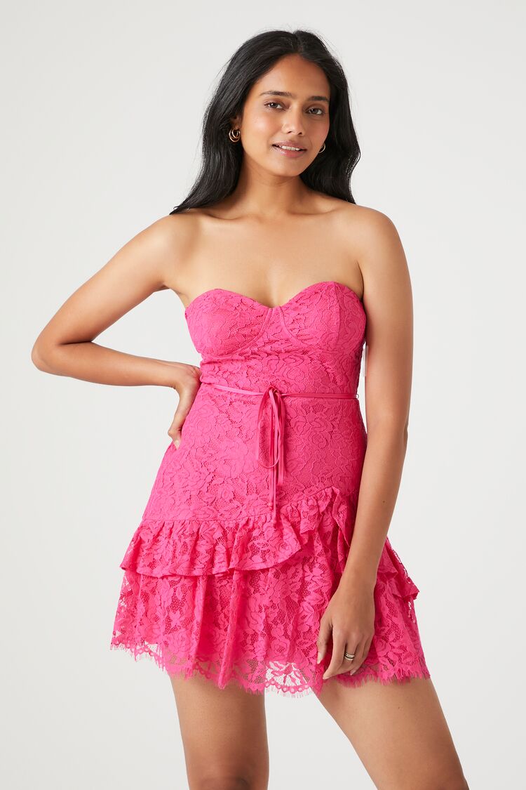 Forever 21 Women's Lace Sweetheart Ruffle-Trim Dress Hot Pink