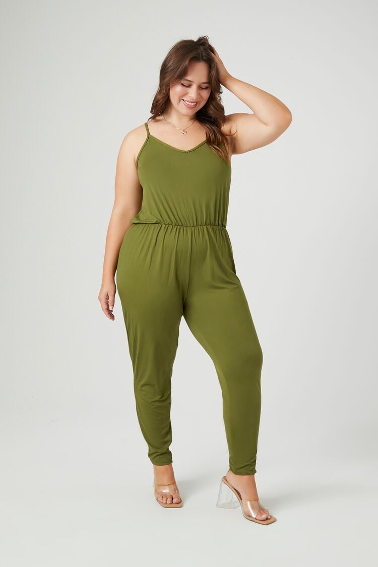 Forever 21 Plus Women's V-Neck Cami Jumpsuit Olive