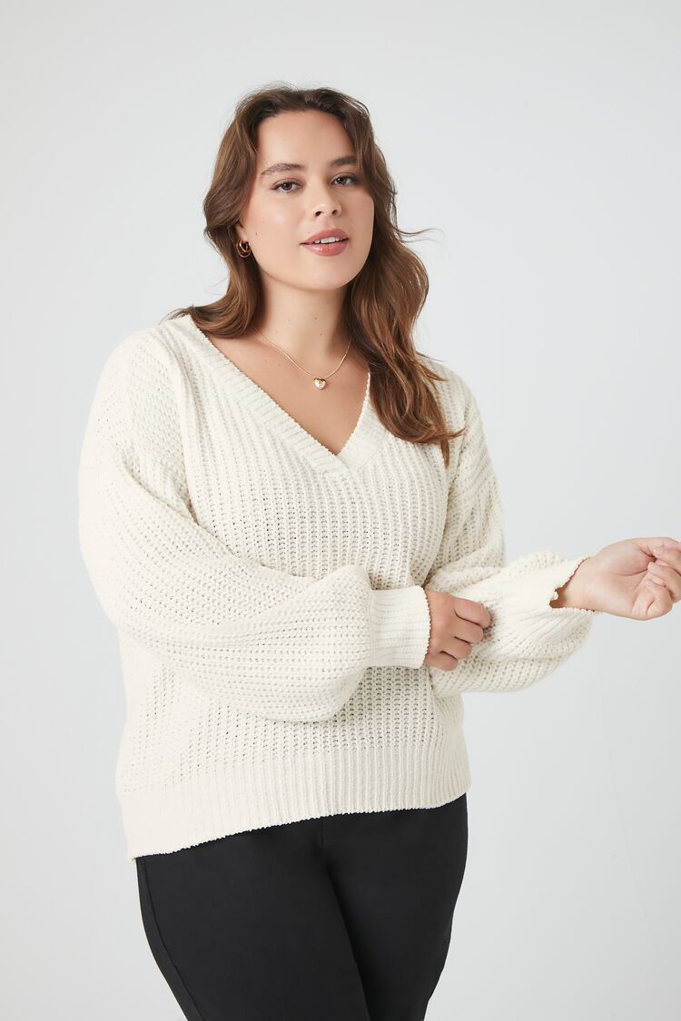 Forever 21 Knit Plus Women's Chenille V-Neck Sweater Ivory