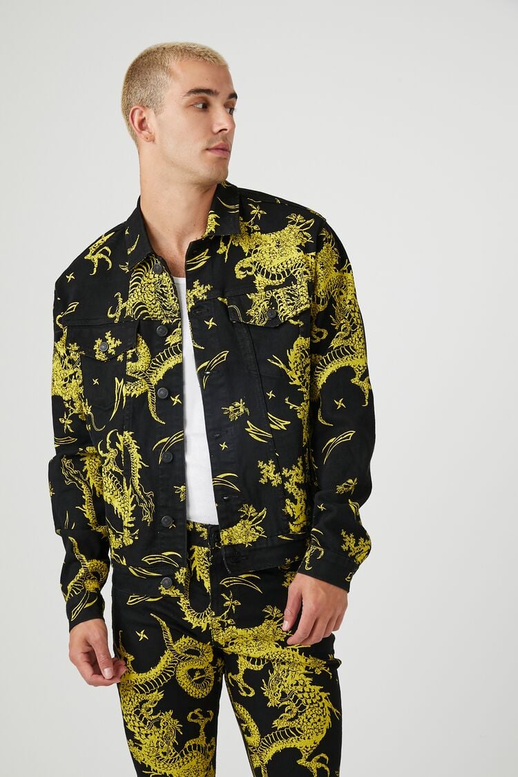 Forever 21 Men's Dragon Print Denim Trucker Trucker Jacket Black/Yellow