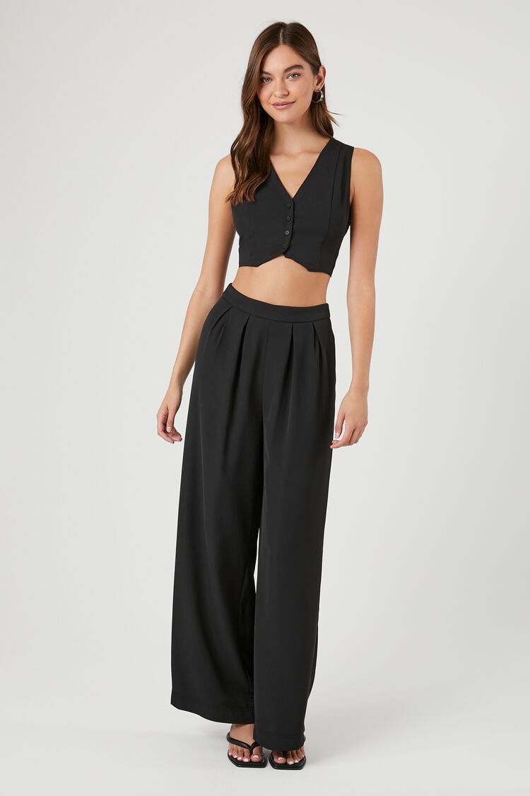 Forever 21 Women's Cropped Vest & Trouser Pants Set Black