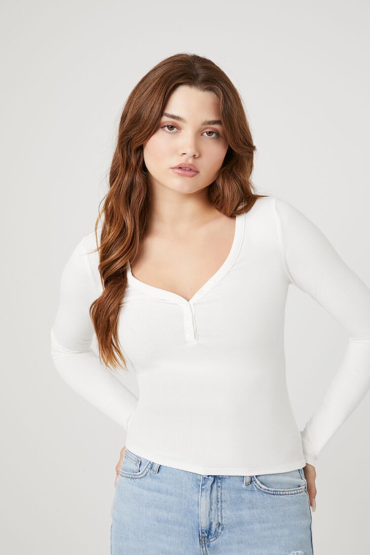 Forever 21 Women's Ribbed Knit Henley Top White