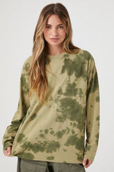 Forever 21 Women's Tie-Dye Long-Sleeve T-Shirt Olive/Multi