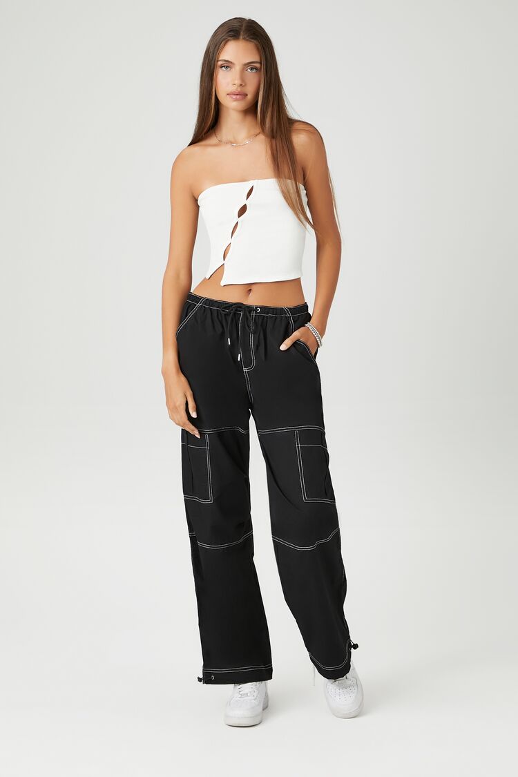 Forever 21 Women's Poplin Contrast-Seam Cargo Pants Black/White