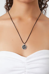 Forever 21 Women's Etched Rose Pendant Necklace Black/Silver