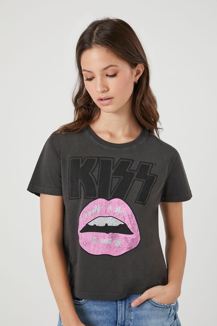 Forever 21 Women's KISS Graphic Cropped T-Shirt Charcoal/Multi