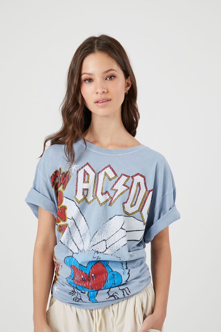 Forever 21 Women's ACDC Oversized Graphic T-Shirt Blue/Multi