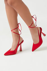 Forever 21 Women's Satin Pointed Lace-Up Heels Red